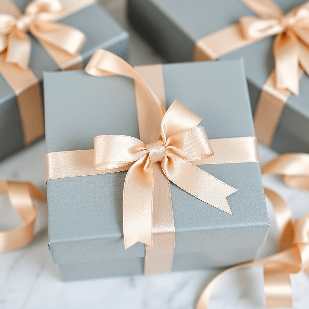 luxury gift boxes with elegant ribbons, premium corporate gifts, sophisticated packaging