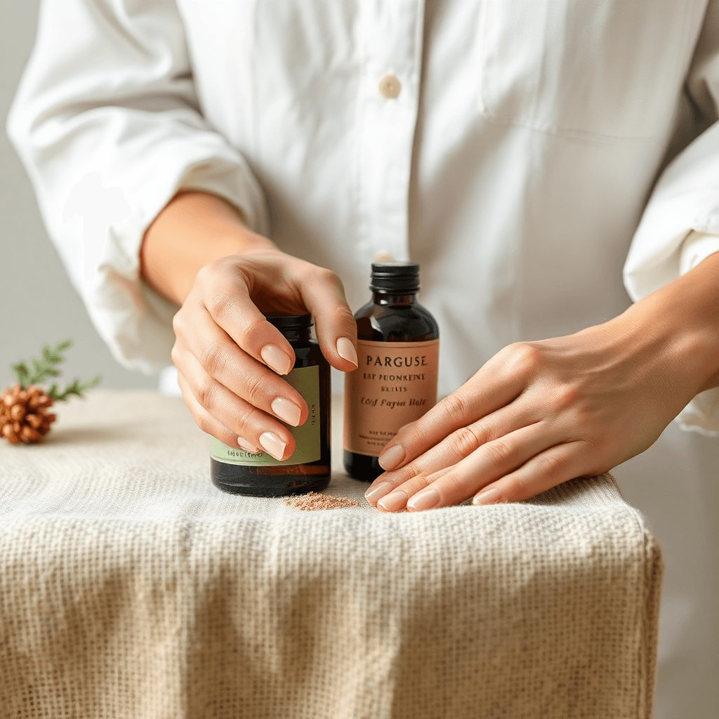 sustainable luxury materials, eco-friendly packaging, artisan hands crafting, natural textures