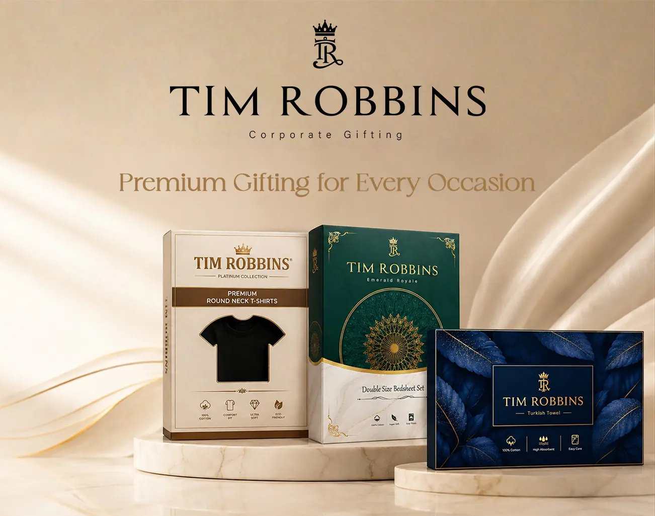 Tim Robbins premium suiting and shirting corporate gift box collection stacked in assorted elegant colors