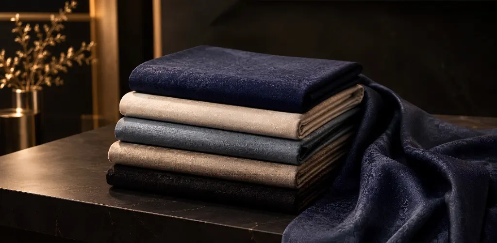 Stacked luxury textured and jacquard suiting fabric rolls in navy blue and neutral beige tones for executive corporate gifting