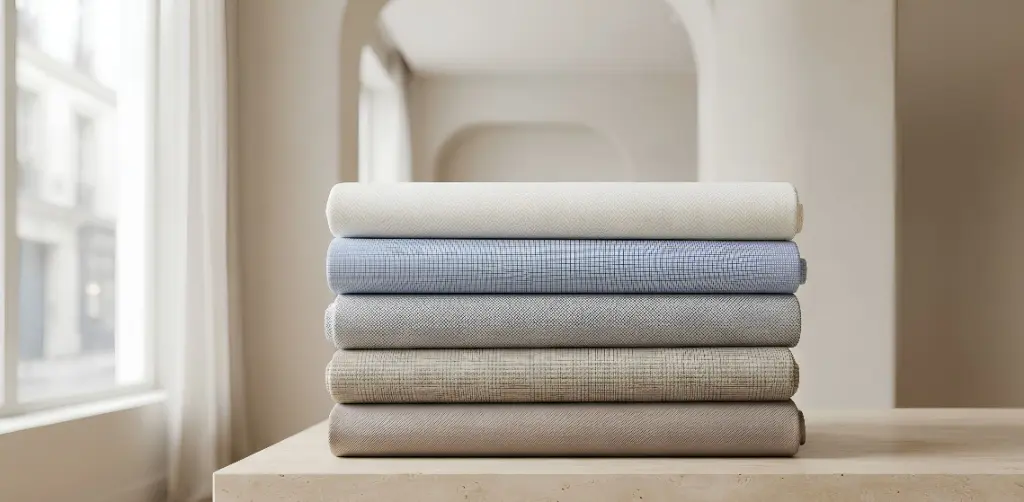 Neatly stacked formal shirting and suiting fabric pieces in white, subtle micro-check blue, and grey for corporate gift sets