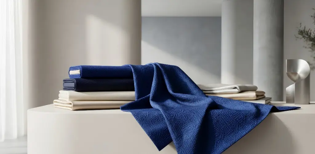 Draped royal blue woven shirting material displayed alongside folded neutral fabric bolts for corporate hampers