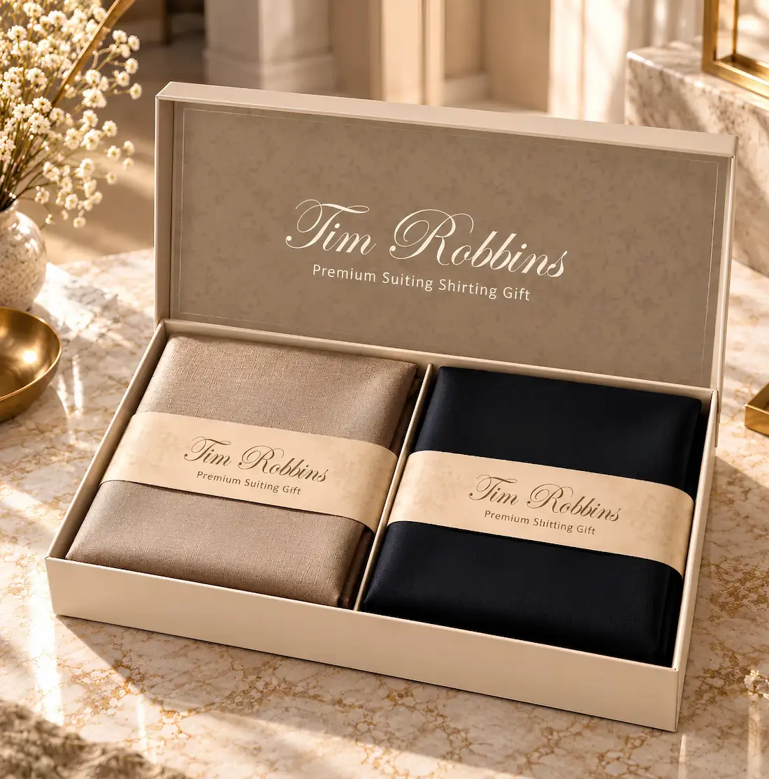 Tim Robbins luxury fabric combo with light beige and deep blue suiting shirting material