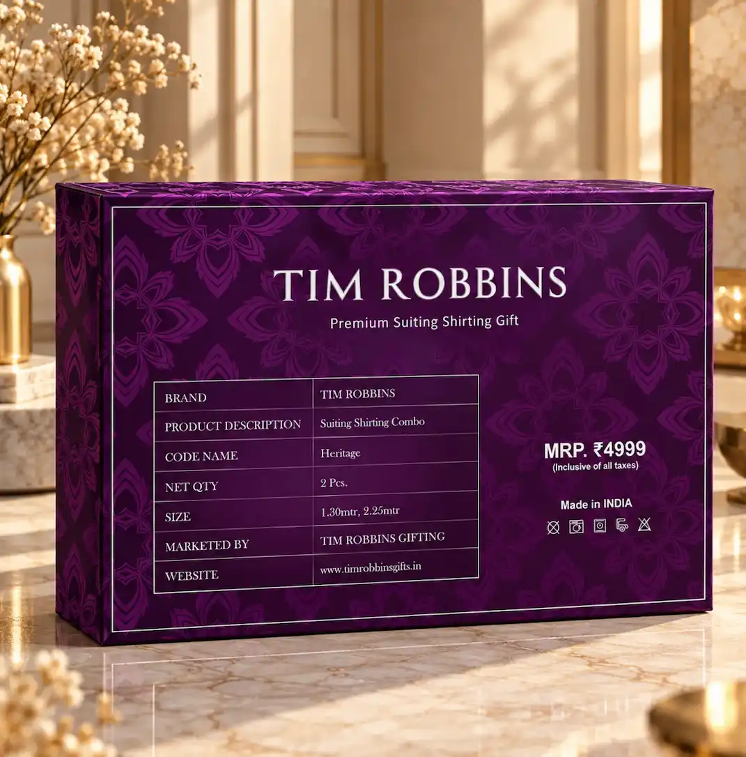 Product description, size details and MRP of Tim Robbins Heritage suiting shirting combo