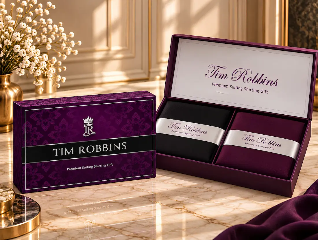 Tim Robbins luxury black and gold floral gift box with black and white suiting shirting fabric