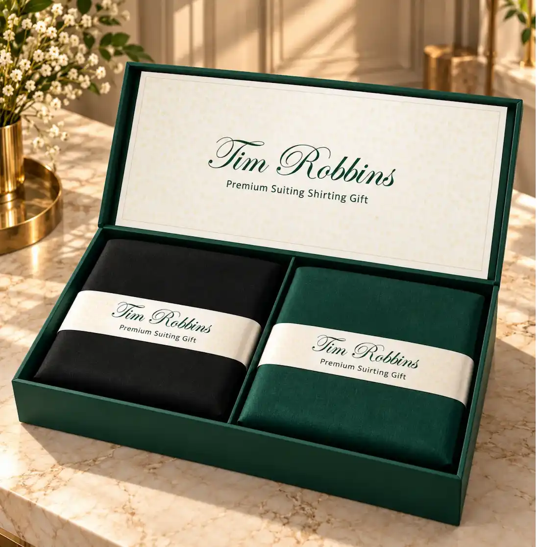 Open Tim Robbins Imperial gift box displaying black suiting fabric and emerald green shirting cloth