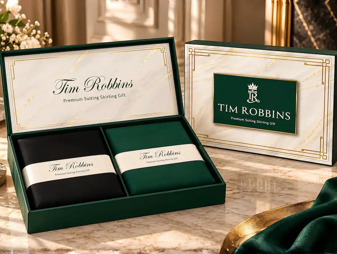 Tim Robbins Imperial luxury combo display featuring open box with black and emerald green fabric beside marble-finish outer gift box
