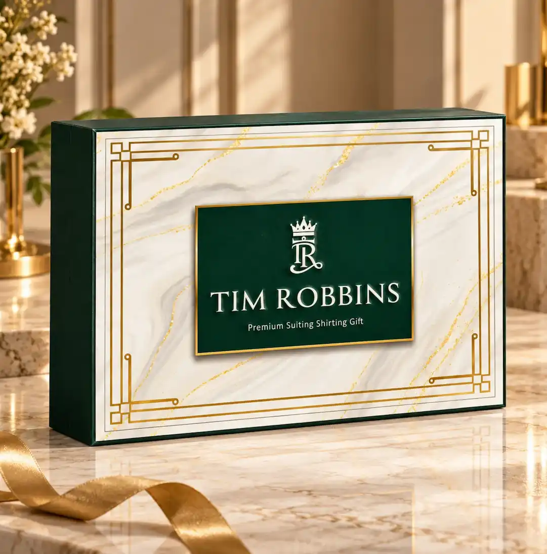 Tim Robbins Imperial luxury gift box front cover featuring white marble texture, gold borders, and emerald green brand emblem