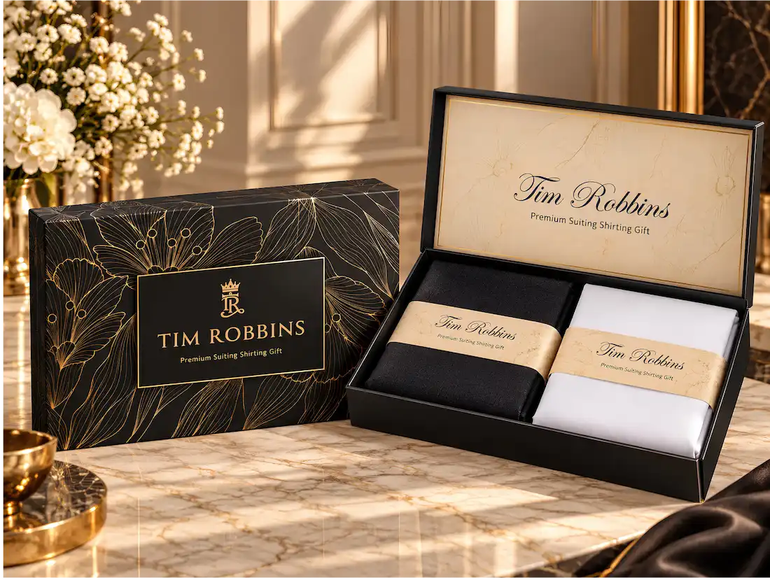 Tim Robbins Heritage collection set displaying open box with black suiting and plum shirting fabric next to matching purple patterned outer box
