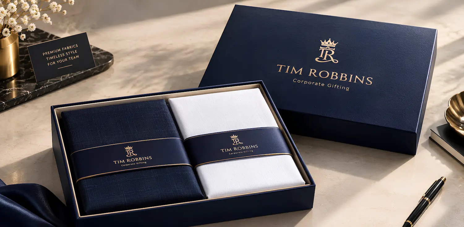 Tim Robbins executive navy blue corporate gift box with premium suiting shirting fabric combo for clients and employees