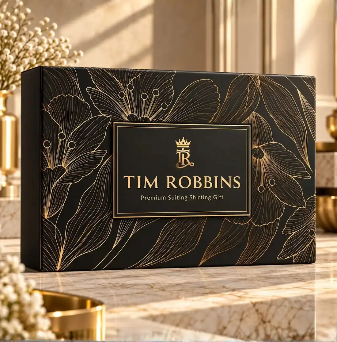 Front packaging view of Tim Robbins Milano gift box with black and gold botanical line-art pattern