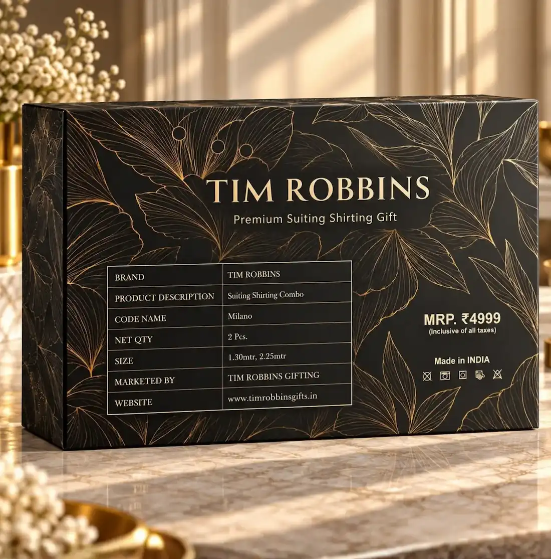 Tim Robbins Milano premium 2-piece suiting and shirting gift set in black and gold botanical patterned outer packaging