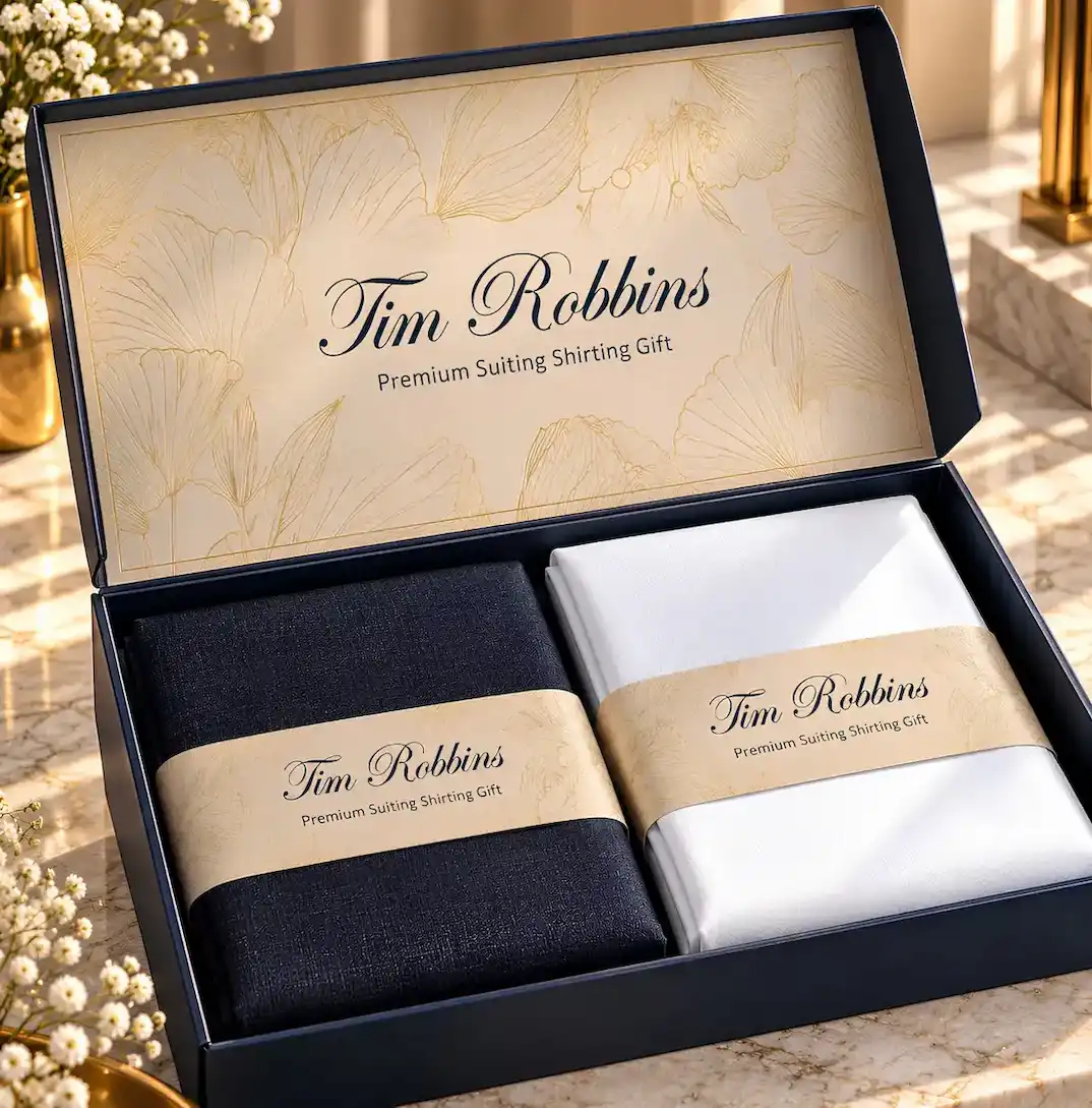 Open Tim Robbins Milano luxury gift box featuring textured dark navy suiting material and white shirting fabric