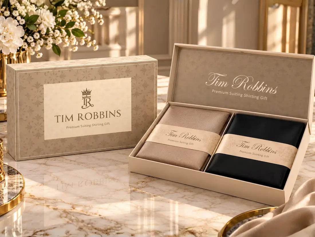 Tim Robbins Monaco premium suiting shirting gift box packaging alongside opened fabric set