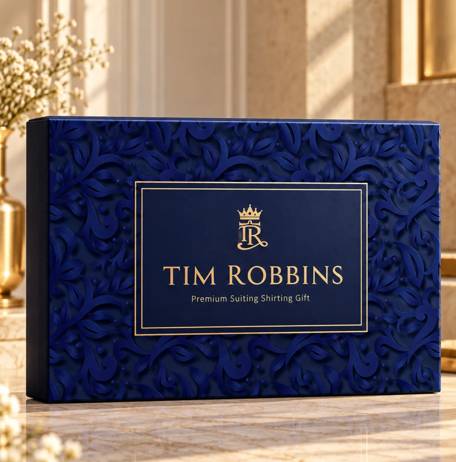 Tim Robbins Signature royal blue floral-embossed luxury front packaging box with gold crest branding