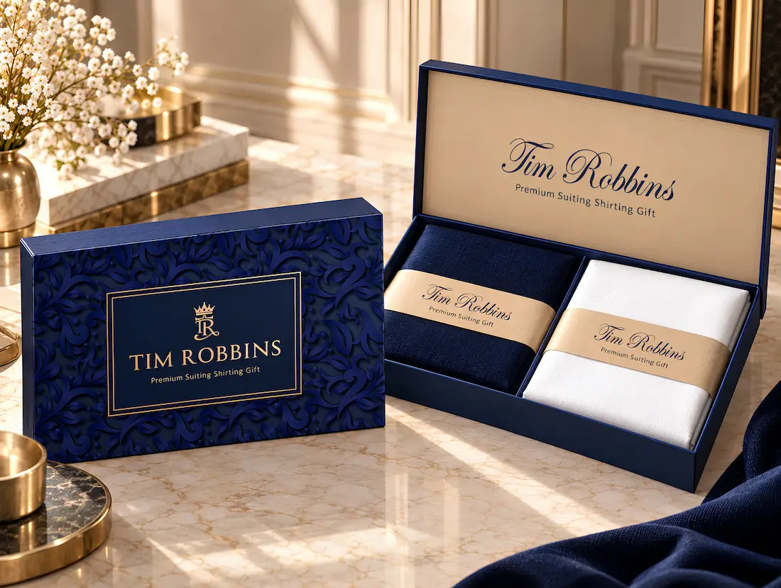 Tim Robbins Signature luxury combo set showing open gift box with navy suiting and white shirting fabric next to embossed blue packaging