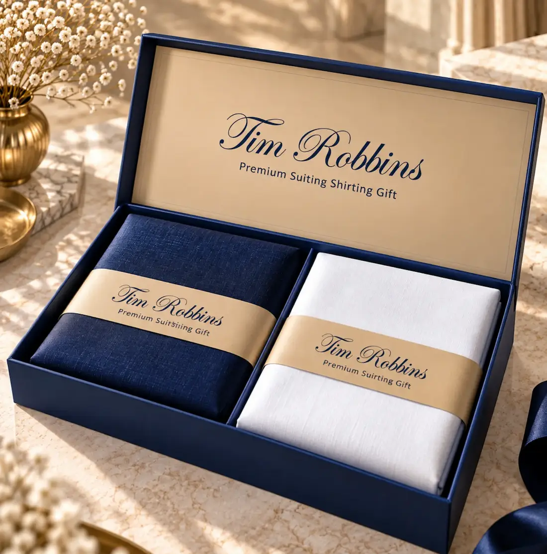 Tim Robbins Signature collection gift box open with navy blue suiting and crisp white shirting fabric lengths