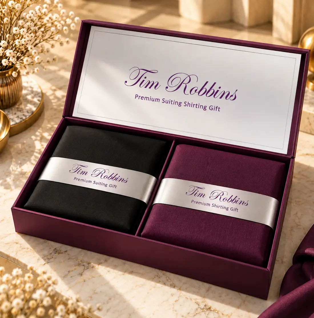 Open Tim Robbins gift box featuring black suiting fabric and maroon shirting fabric combo