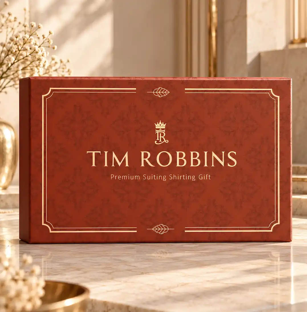 Tim Robbins Valentino rust-orange front cover packaging box featuring gold border accents and monogram logo