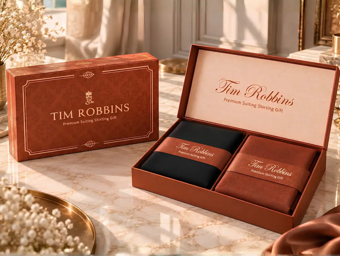 Tim Robbins Valentino suiting shirting gift set showing the open box with black and rust fabric alongside the closed outer box