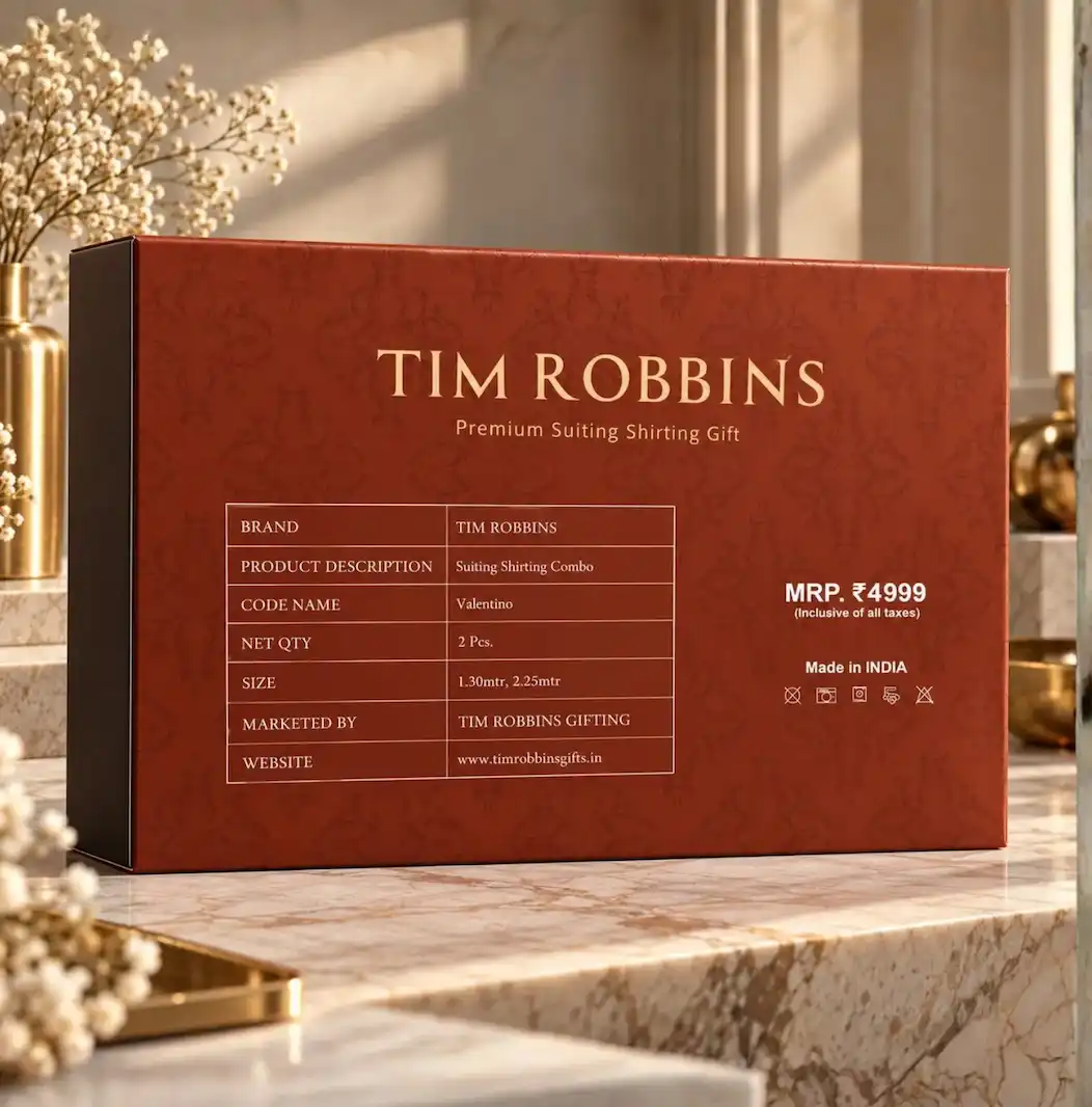 Exterior packaging of Tim Robbins Valentino 2-piece suiting shirting combo gift box with product specifications