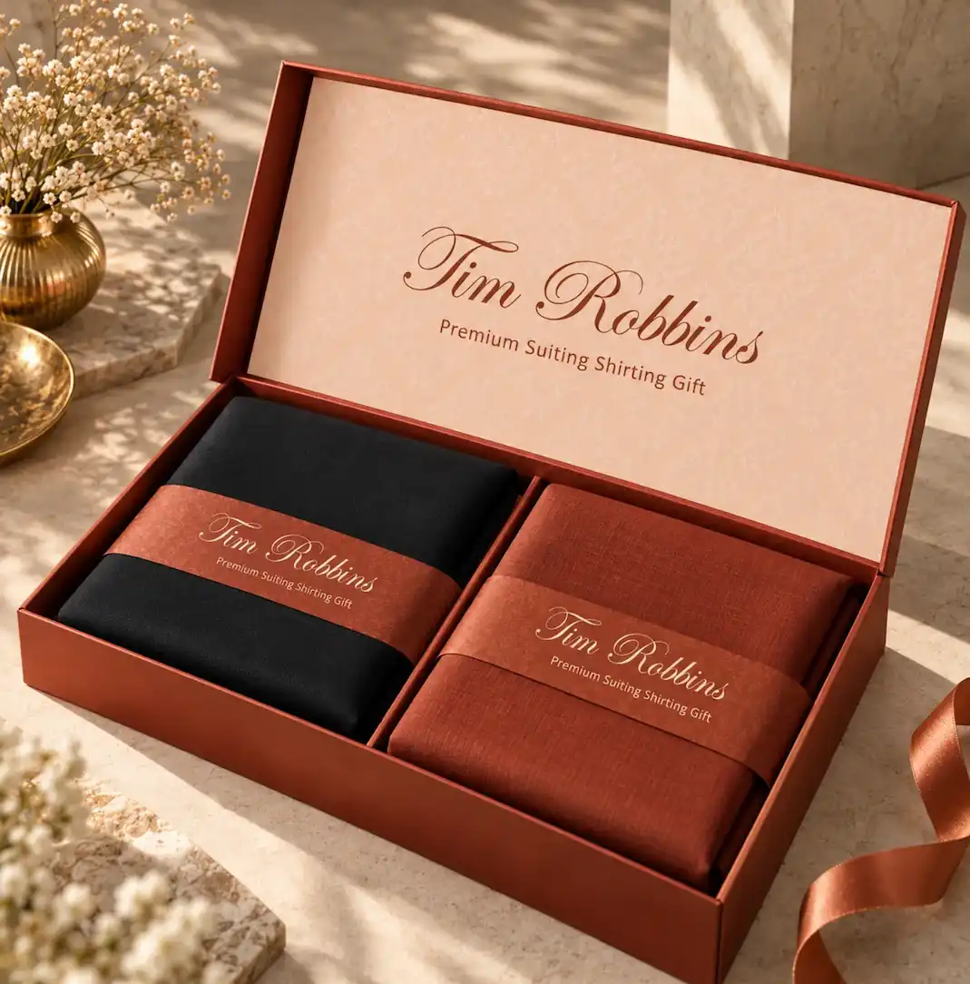 Open Tim Robbins Valentino luxury gift box with black suiting and rust brown shirting unstitched fabric pieces