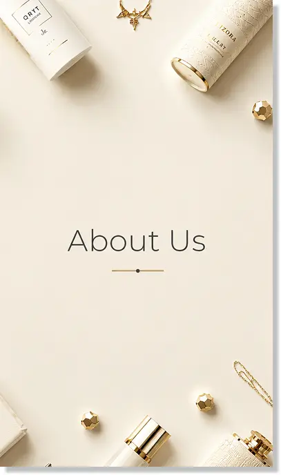 About Us page banner for luxury corporate gifting company featuring elegant gold and ivory accessories
