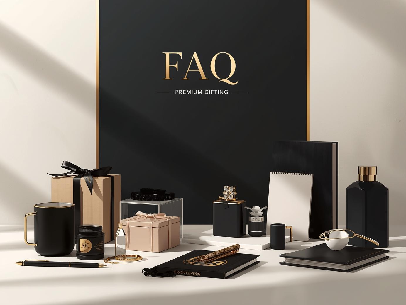 Frequently Asked Questions banner for premium corporate gifting featuring black and gold executive stationery and gift boxes
