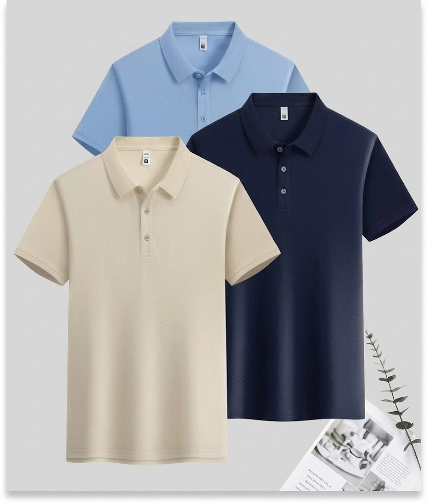 Set of beige, navy blue, and sky blue custom polo t-shirts for corporate employee uniforms and event gifting