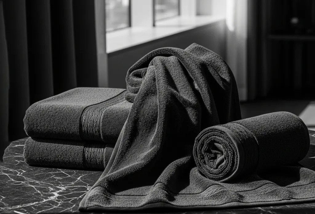 Luxury charcoal grey cotton bath and hand towel set arranged for premium executive festive gift hampers