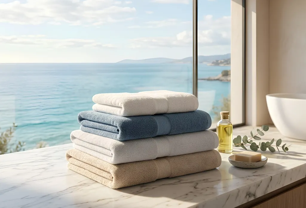Stack of premium folded cotton bath towels in neutral tones placed by a luxury resort sea view window