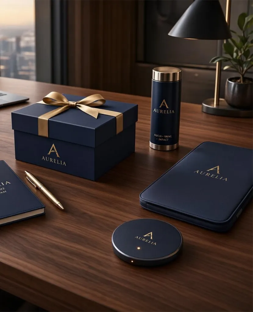 Navy blue luxury corporate gift box set featuring branded smart tumbler, wireless charger, diary, and metallic pen