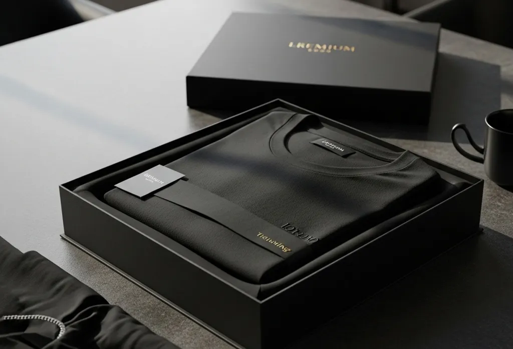 Custom folded premium black crew neck t-shirt packed inside a matte black luxury gift box for corporate employees